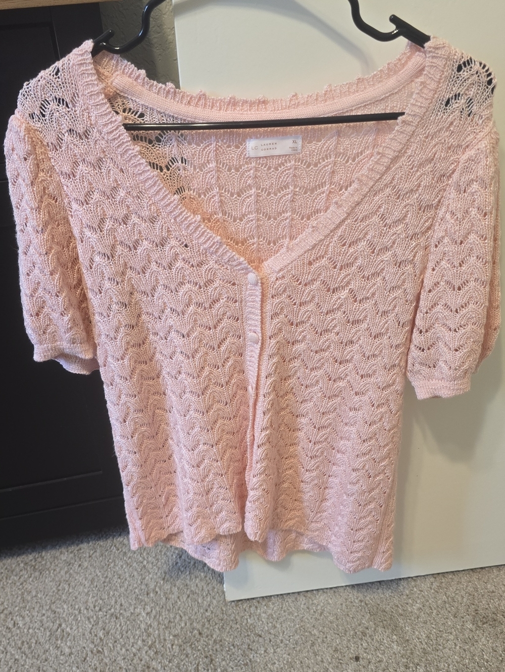 LC Lauren Conrad Light Pink Open-Knit V-Neck Button Cardigan